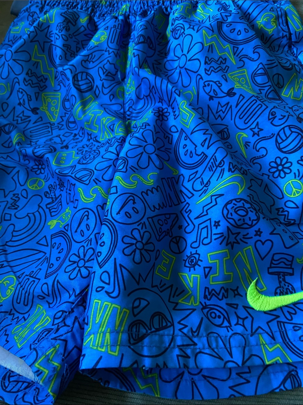Nike Blue Shorts with Neon Green Doodle Print and Columbia shirt